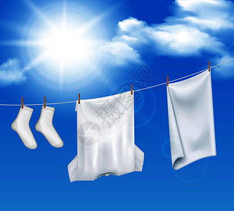 洗过的洗衣天空背景逼真的构图,清晰的天堂白色的衣服阳光下干燥的矢量插图洗过的洗衣天空成图片
