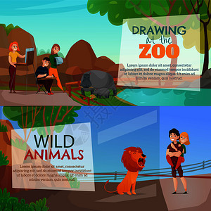 动物园游客水平横幅与轻艺术家画野生动物生活动物园卡通矢量插图动物园游客水平横幅图片
