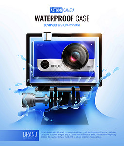 动作相机防水箱海报与防尘箱符号现实矢量插图动作相机防水箱海报图片