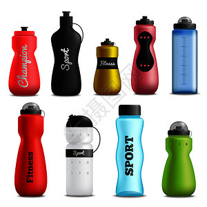 健身跑步运动水瓶,各种形状,大小颜色,逼真的物体,收集矢量插图健身饮料瓶写实套图片