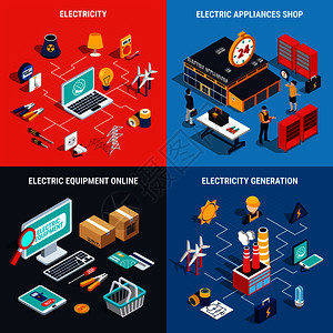 四格电等距与电器商店发电线描述矢量插图电等距图片