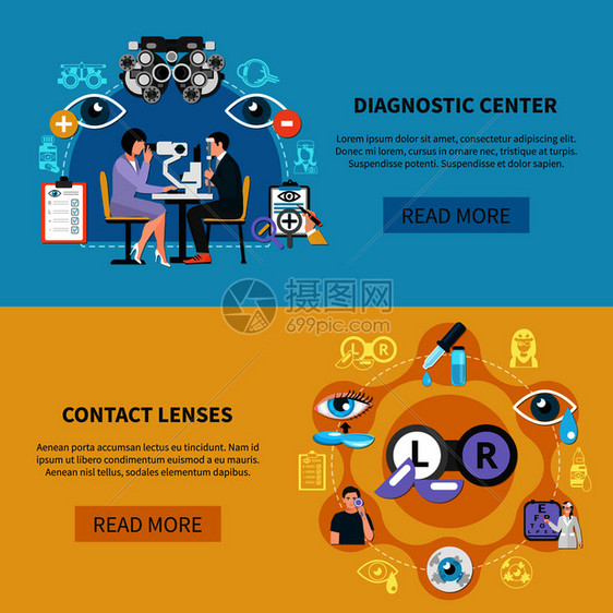 眼科2水平横幅网页与光学诊断隐形眼镜用护理信息矢量插图眼科护理横幅图片