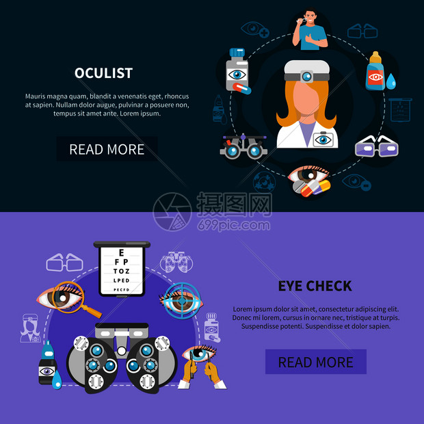 眼科2横横幅网页与完整的眼睛检查视觉问题诊断孤立矢量插图眼科测试横幅图片