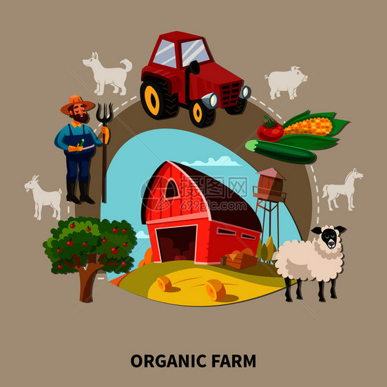 农场卡通构图机农场标题与建筑元素设备矢量插图农场卡通构图图片