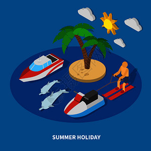 暑假等距成与机动游艇,喷气滑雪,岛屿与棕榈树,海豚矢量插图暑假等距作文图片