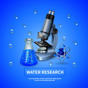 水研究蓝色背景与水滴显微镜化学实验室设备原子结构现实图标矢量插图水研究背景图片