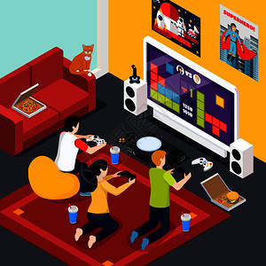 轻人视频游戏期间,家庭内部等距构图矢量插图屏幕附近用操纵杆视频游戏等距构图图片