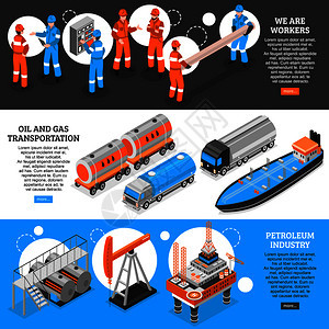 石油天然气3等距水平横幅网页与石油工业工人运输信息矢量插图油条等距图片
