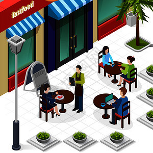 彩色商务午餐的人与城市咖啡馆街上成称为快餐矢量插图商务午餐人员成图片