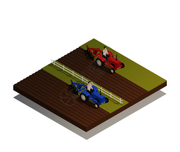 春季田间耕作播种农业农机设备工作等距成矢量图农业机械等距成图片
