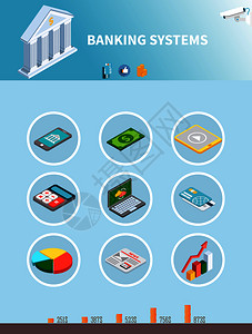 数据等距集的信息象形文字为银行系统与图像的货币小工具矢量插图银行等距图标背景图片