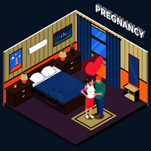 怀孕等距构图蓝色背景与爱的夫妇等待婴儿,卧室内部元素矢量插图妊娠等距成分图片