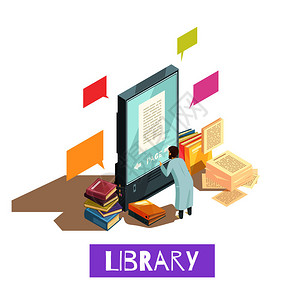 线图书馆等距与人阅读电子书籍巨大的智能手机屏幕堆叠的纸质书籍围绕矢量插图线图书馆等距图片