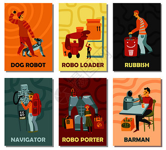 机器人与职责狗,垃圾桶,导航员,酒吧,搬运工,垂直卡上的颜色背景孤立矢量插图机器人垂直卡背景图片
