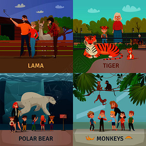 动物园游客4图标广场与儿童观看北极熊猴子老虎矢量插图动物园游客的图片