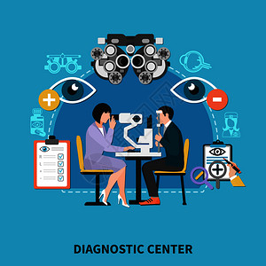 眼科诊断中心平海报与验光师眼睛检查仪器治疗矫正镜片处方背景矢量插图眼科诊断中心海报图片