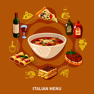 意大利菜圆套流行的菜肴与塞纳洛尼迷你汤意大利与贻贝比萨饼馄饨提拉米苏平图标矢量插图意大利菜集图片
