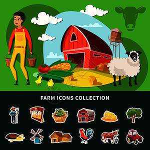 彩色卡通农场构图与农场图标集集合结合矢量插图卡通农场构图图片