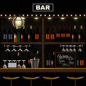 咖啡厅餐厅酒吧真实的内部细节与葡萄酒酒瓶展示货架柜台凳子矢量插图酒吧内部逼真图片