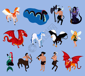 神话中的生物等距图标与独角兽,美人鱼仙女,飞马翼的狮子,格里芬,矢量插图神话中的生物等距图标图片