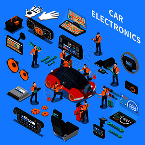 汽车电子服务与空调立体声符号蓝色背景等距矢量插图汽车电子服务理念图片