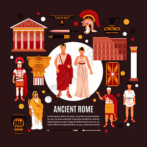 古罗马市民文化建筑历史古迹平构图海报与万神殿古罗马陶器矢量插图古罗马平构图海报图片