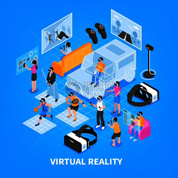 虚拟现实VR体验模拟器训练游戏便携式小工具耳机等距构图背景海报矢量插图虚拟现实等距构图图片