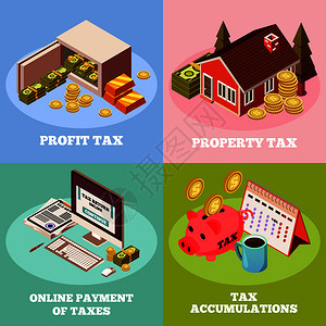 会计税收2x2等距与利润税财产税线支付方形图标矢量插图税收2x2等距图片