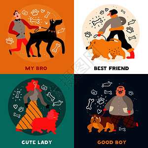 狗主人与最好的朋友,可爱的女士与狮子狗,好孩子,多伯曼矢量插图狗主人的理念图片