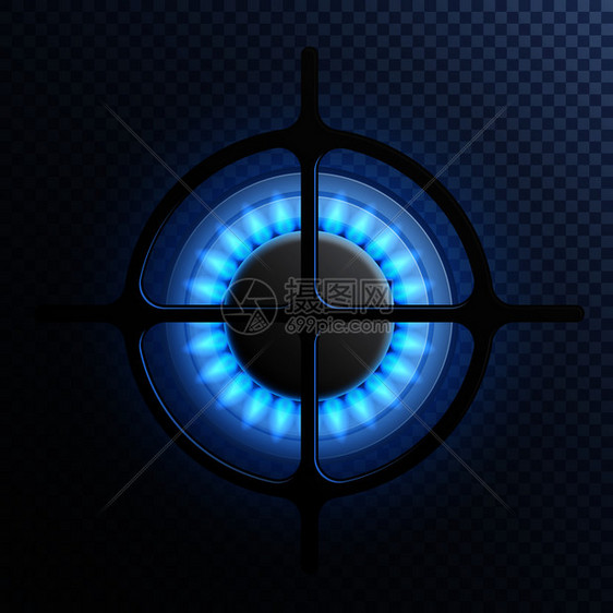 透明背景蓝色火焰矢量插图的真实气体火焰燃烧器板成气体火焰燃烧器板成图片
