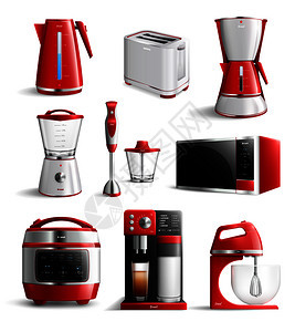 彩色写实家用厨房电器图标红色元素时尚类型矢量插图逼真的家用厨房电器图标图片