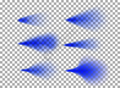透明背景矢量插图上,用六幅同形状的蓝色喷雾轨迹的孤立图像进行喷雾逼真集喷雾雾现实图片