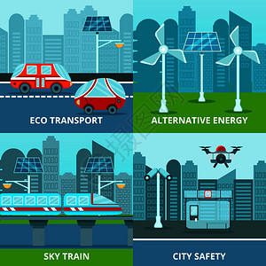 智能城市2x2与平图像的替代能源电动运输车辆矢量插图生态城市理念图片