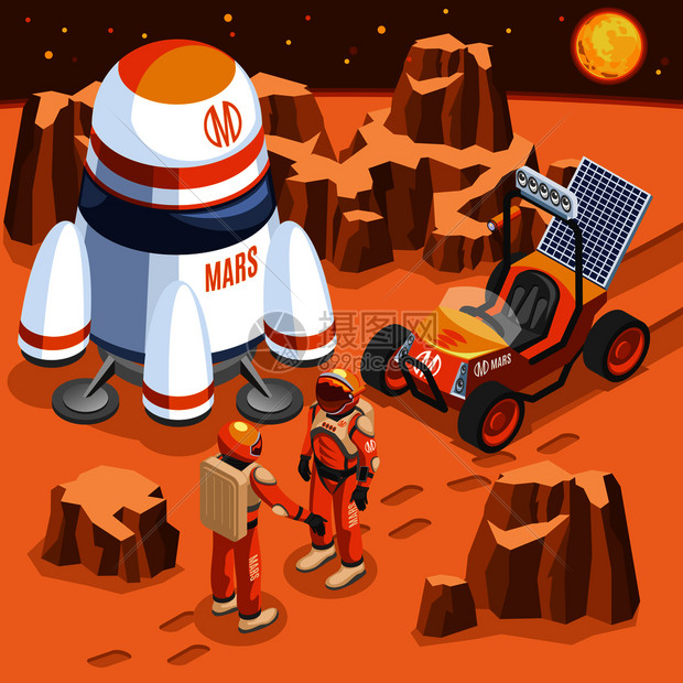 火星探索成与宇航员,太空船,汽车与太阳能电池,质的行星等距矢量插图火星勘探等距插图图片