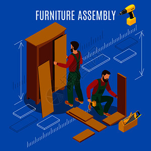 蓝色背景等距矢量插图上的家具装配过程中,用专业工具制造的工人家具装配等距插图图片