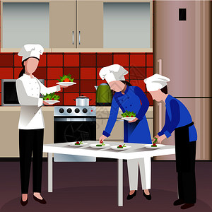 平彩色烹饪人员成与两个厨师服务菜肴三人工作服务员矢量插图平彩色烹饪人成图片