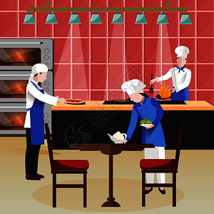 平彩色烹饪人员成与三名咖啡馆员工准备食物清洁房间矢量插图平烹饪的人成图片
