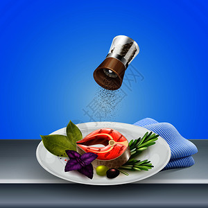 胡椒锅盘子与鲑鱼牛排口味同的草药香料现实的矢量插图草药香料背景图片