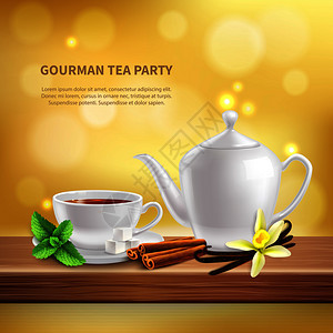 茶壶杯子与美味的热茶与同的草药香料现实的背景矢量插图草药香料背景图片