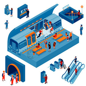 等距与乘客工人地下地铁站隔离的白色背景三维矢量插图等距地下装置图片