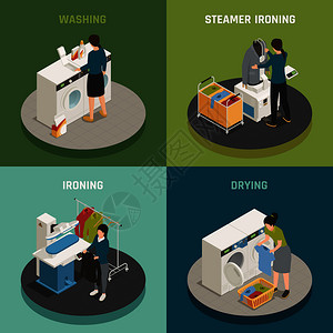 等距洗衣2x2理念与人们洗涤熨烫烘干衣服3D孤立矢量插图洗衣2x2理念图片