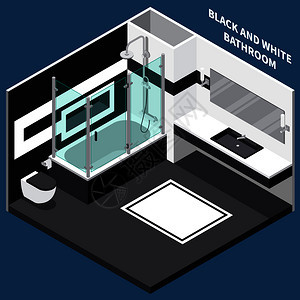 将黑白浴室与卫生工程相结合,蓝色背景矢量插图上进行等距构图浴室等距成图片