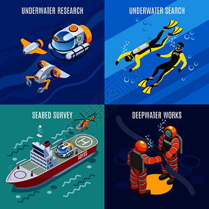 海底深度研究等距与水下搜索,海床调查,深水工程孤立矢量插图海底深度研究等距图片