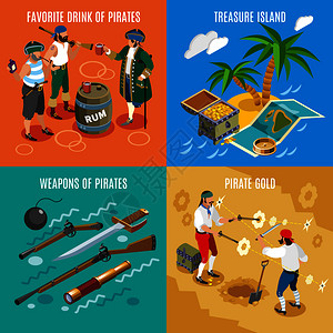 海盗等距与最喜欢的饮料朗姆酒,宝岛,争夺黄金孤立矢量插图海盗等距图片
