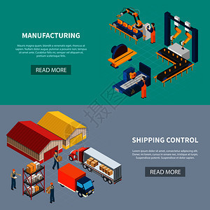 工业机器等距横幅阅读更多的按钮图像的制造设施建筑物矢量插图制造水平横幅图片