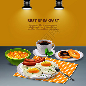最好的美味早餐与鸡蛋,香肠,薄片,甜甜圈咖啡灰色的桌子,现实的背景矢量插图现实的早餐背景图片