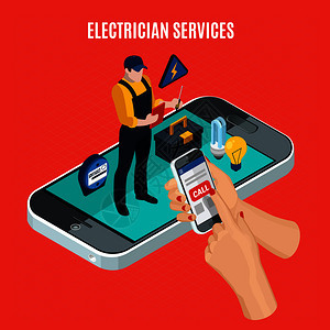 电等距红色成与电工服务描述,并打电话给专业电工智能手机矢量插图电等距红色成分图片