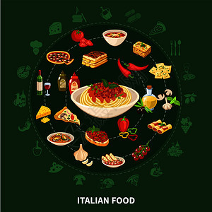意大利菜圆套流行的菜肴与塞纳洛尼迷你汤意大利与贻贝比萨饼馄饨提拉米苏平图标矢量插图意大利菜圆套图片