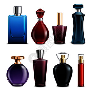 套同形状的香水彩色璃瓶,盖子隔离白色背景矢量插图上香水彩色璃瓶图片