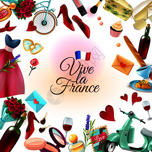 法国巴黎框架背景与法国地标,包括埃菲尔铁塔,食品,香水化妆品矢量插图法国巴黎框架背景图片